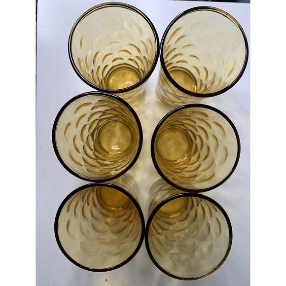 6 Hazel Atlas Amber El Dorado Optic Dot Coin Tumbler Juice Glasses MCM Vintage - Picture 6 of 11